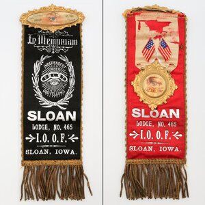 Antique Odd Fellows Memoriam Ribbon Celluloid Pin and Badge Lodge 465 Sloan IA